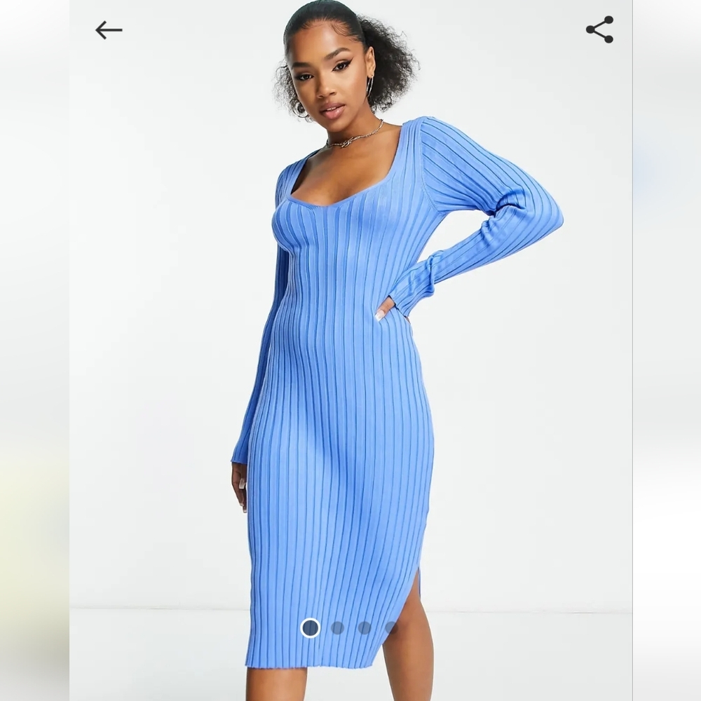 Monki Long Sleeve Blue Ribbed Dress